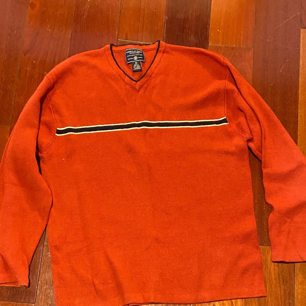 Vintage American Eagle V-Neck Sweater in Orange with Navy and White Stripe